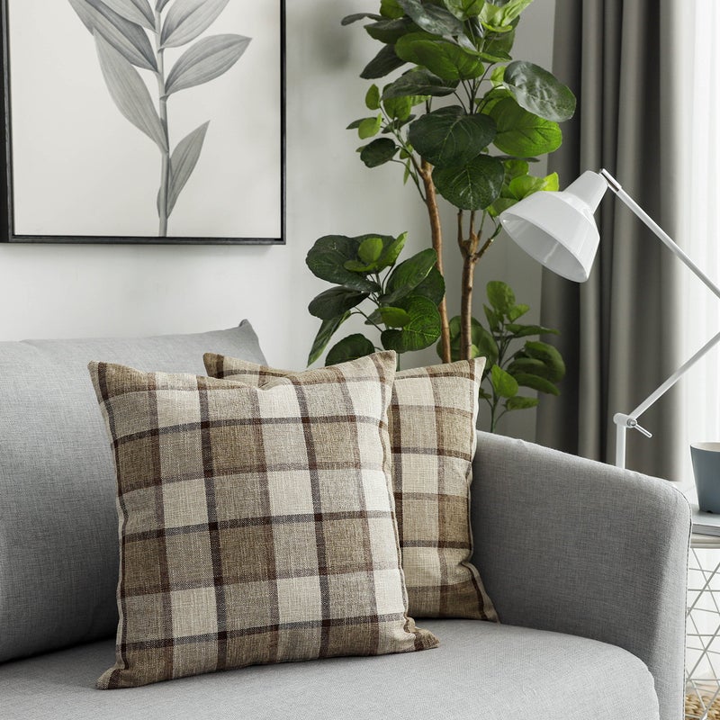UGS UGASA UGASA Classic Retro Checkered Plaids Cotton Linen Cushion Cover Square Throw Pillow Cover 5 Tone Modern Farmhouse Cushion for Sofa, 18x18 Inch(45cm), Set of 2, Natural + Brown - Image 1
